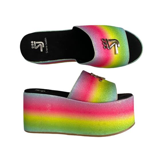 Shane Justin Rainbow Glitter Platform Rave Slides 7 - Picture 2 of 8